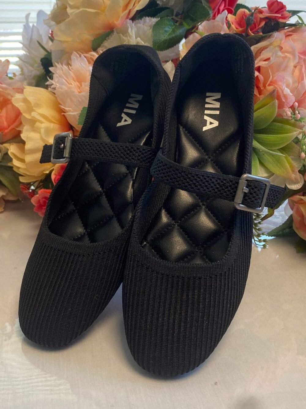 MIA Black Knit Mary Jane Flats Buckle Strap Size 6